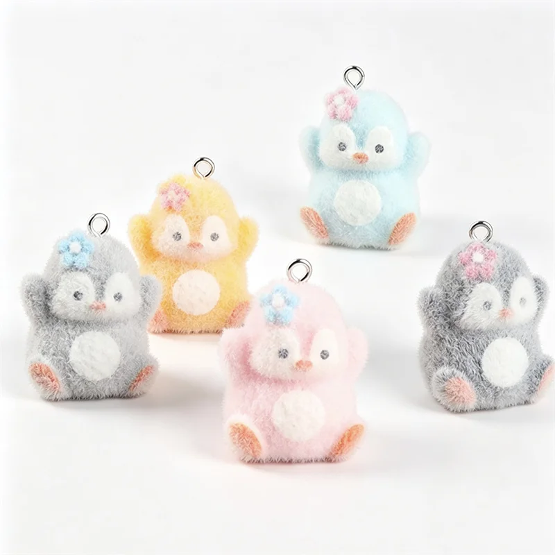 New arrived 50pcs/lot color Flocking effect animals cartoon Penguin shape resin dolls beads diy jewelry garment hair accessory