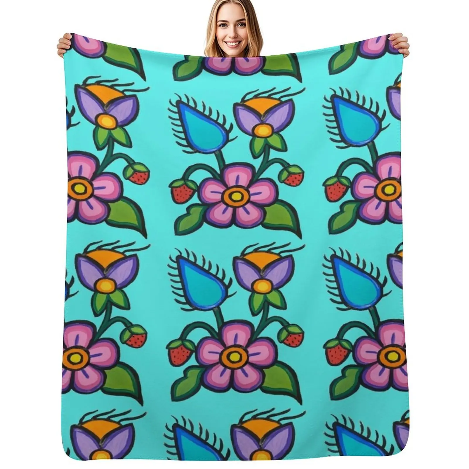 

Strawberry Bloom on soft cyan Throw Blanket Decorative Throw valentine gift ideas Beach Bed Blankets