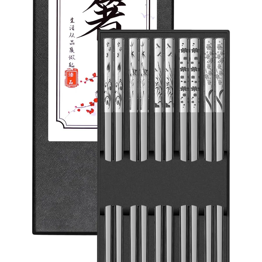 

Многоразовые 5 пар палочек для еды из нержавеющей стали 18, 8, красивые гравировальные узоры для столовой дома или офиса, можно мыть в посудомоечной машине