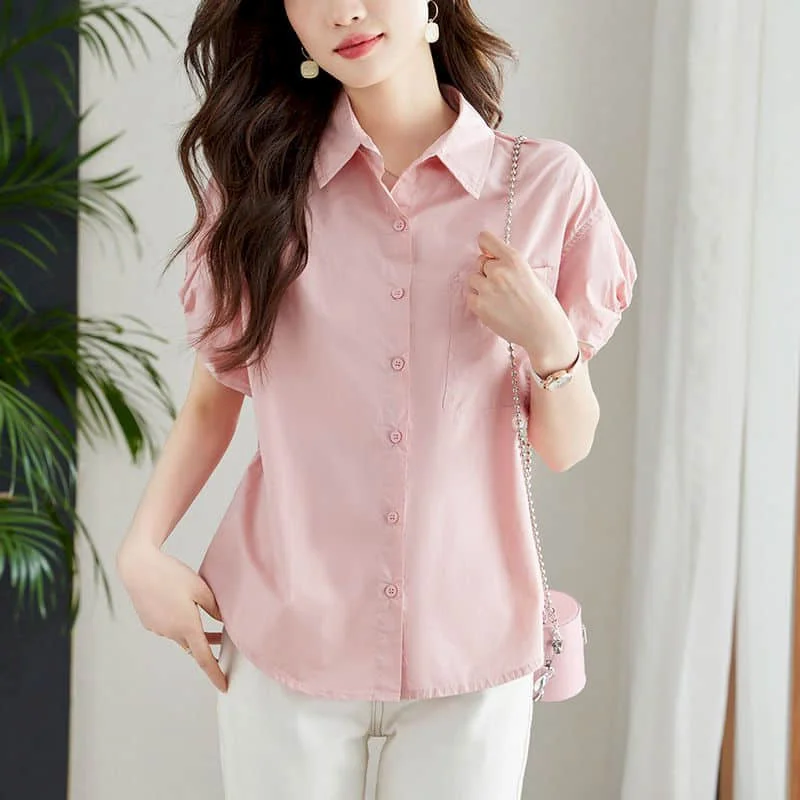 

Shirts for Women Vintage Short Sleeve Solid Cardigans Polo-neck Casual Single Breasted Korean Style One-piece Blouse Women Tops