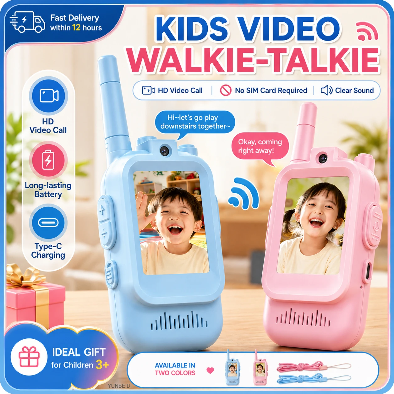 2PC Kids HD-Video Walkie Talkies 3 Styles Intercom USB Charging Indoor Outdoor Child's Toys Birthday Gifts for Boys Girls Age 3+