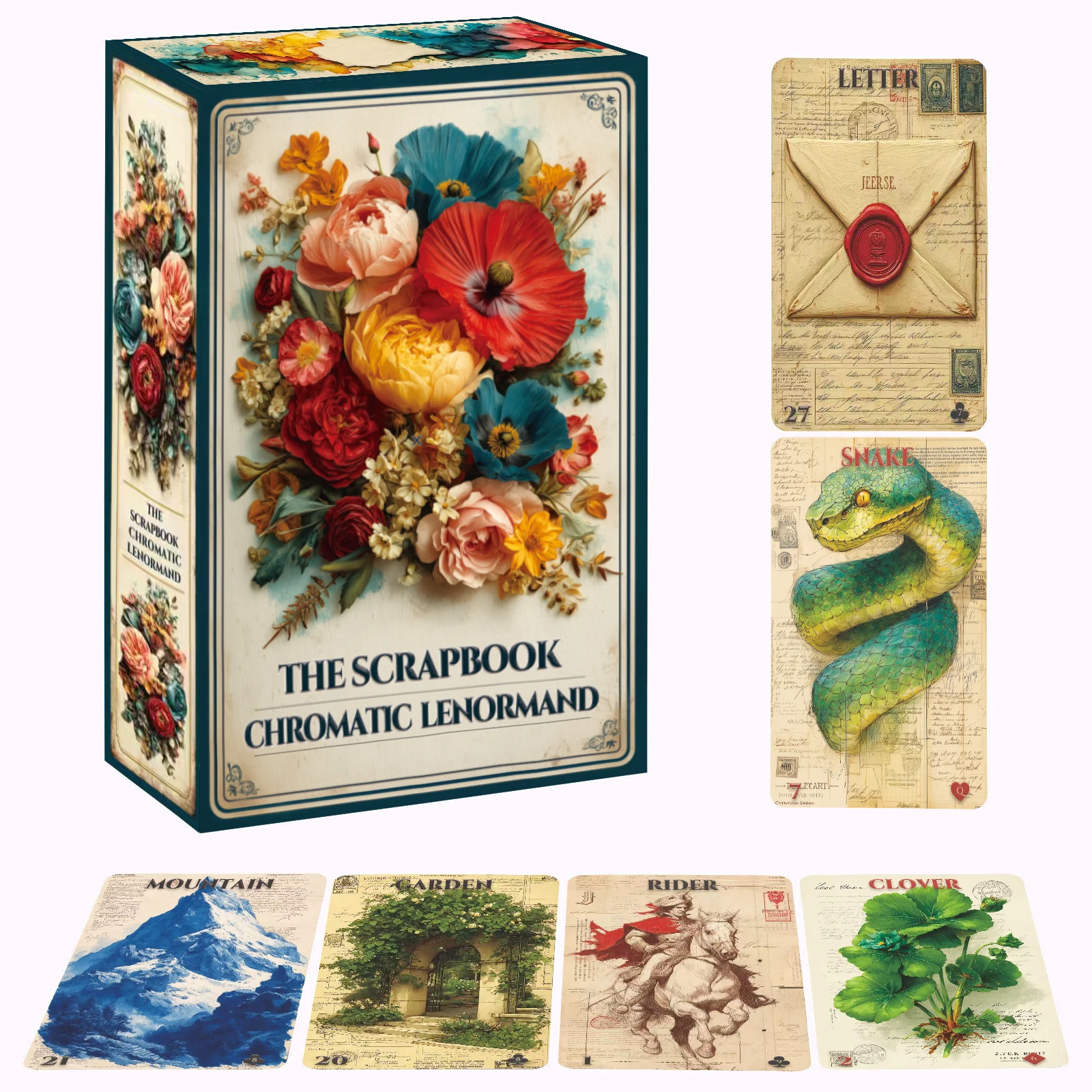 scrapbook-chromatic-lenormand-deck-–-baralho-de-36-cartas-inspirado-no-vintage-alternativa-ao-tarot-para-uso-diario-e-amoroso-ideal-para-iniciantes