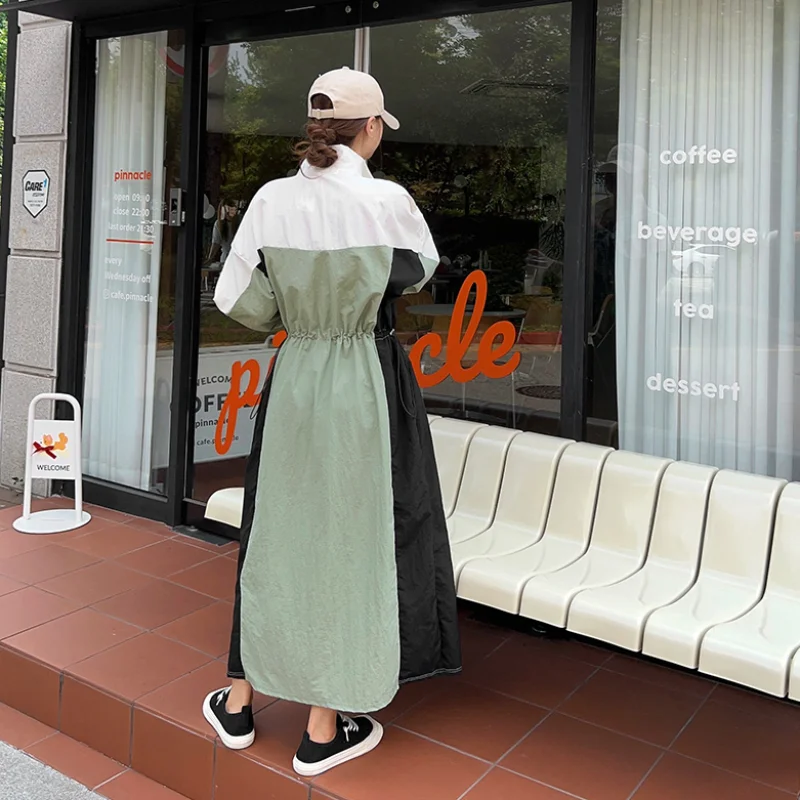 Autumn Women Dressse Loose Plus Size Patchwork Color Vestidos Elastic Waist Tunic Simple Female Robe Casual Clothing KE3684