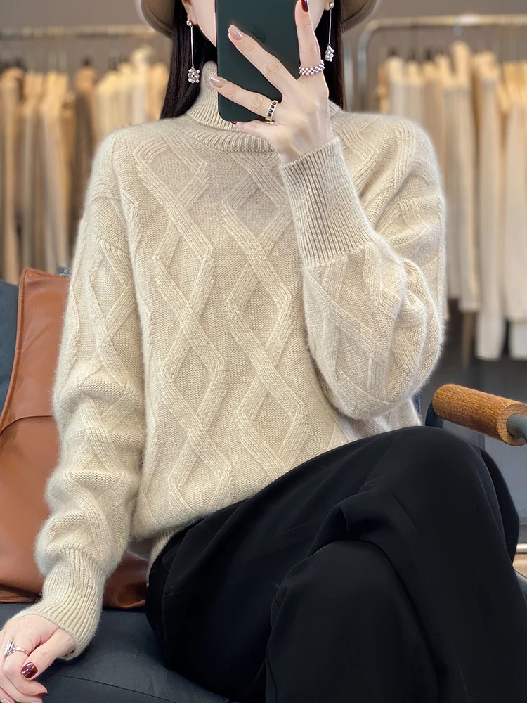 Autumn and winter new 100% pure wool high lapel loose pullover solid color Fried Dough Twists design fashion knitting sweater to