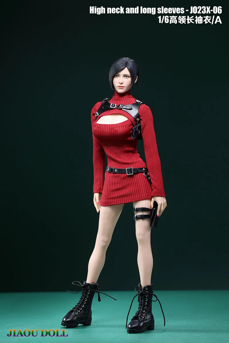 JO23X-06 1/6 Ada Wong Red Sexy Tight High Neck Sweater Mini Dress Leather Strap Holsters Set For 12'' Female Action Figure Toys