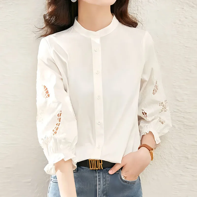 Elegant Fashion Hollow Out Embroidery Spliced Shirt Women\'s Clothing Spring Loose All-match Solid Color Button Blouse for Female