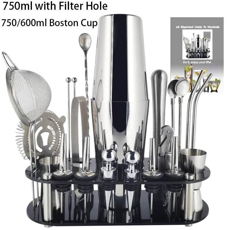 22Pcs 750/600ml Cocktail Shaker Bar Tools Wine Mixer Set Bartender Boston Cocktail Shakers Tool Kit Pourer Jigger with Ho