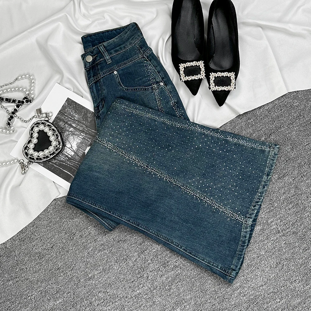 

Широкие расклешенные джинсы с блестящими стразами, женские модные универсальные джинсовые брюки с высокой талией, шикарные повные брюки для поездок на работу