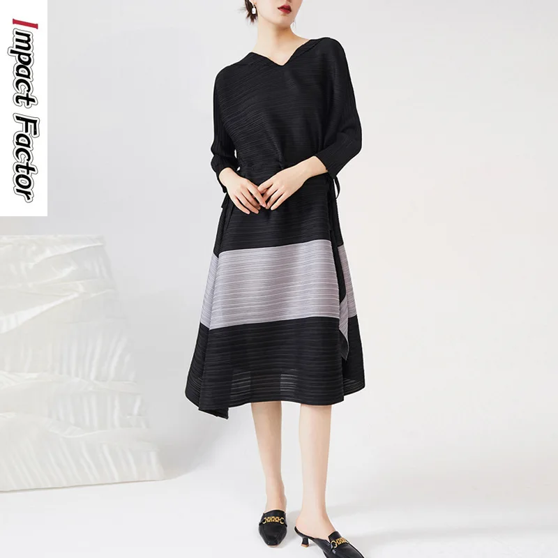 Miyake Pleated Dress for Women with A Design Sense of Niche and Westernization. Waist Tied Black Mid Length A-line Skirt Dress