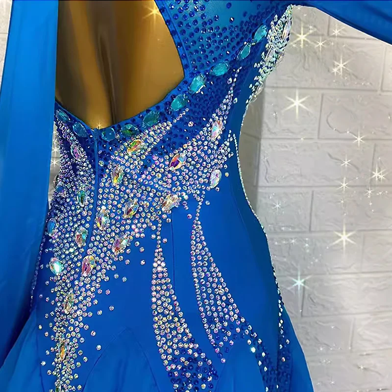 New Modern Dance Competition Costume Big Hem Ribbon Diamond Dress Ballroom National Standard Waltz Dancing Performance Outfits