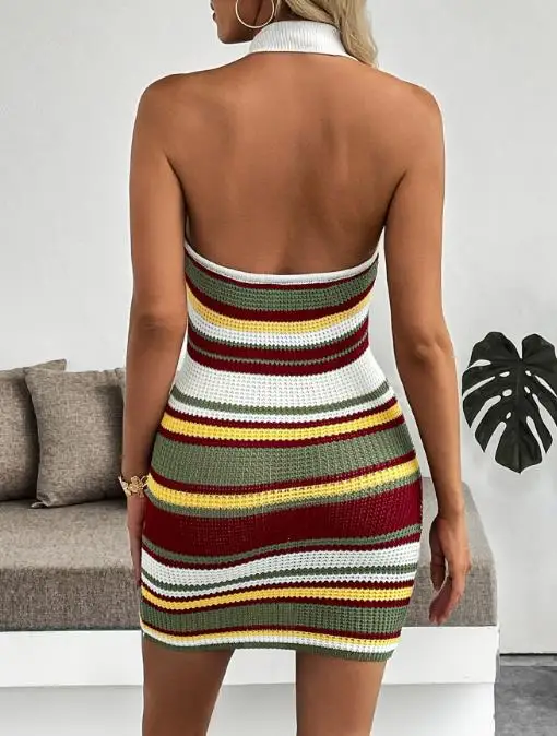 

Women's Dress 2025 Fashion Hot Girl Party Date Simple Retro Style Slim Fit Collar Hanging Neck Striped Dress for Women In Summer