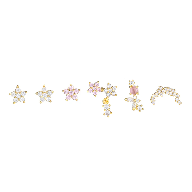 

Exquisite Pink CZ Zirconia Star Flower Stud Earrings for Women Gold Plated Piercing Earrings Set Woman Fashion Jewelry Accessory