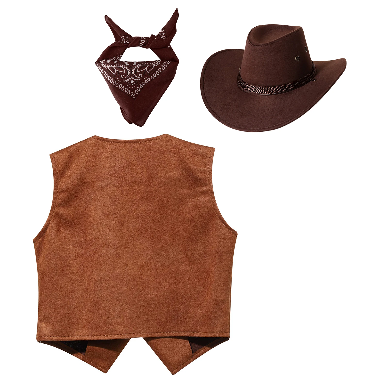 Western Rodeo Cowboy Cowgirl Costume for Kids Child Fringe Vest with Hat Bandanna Halloween Cosplay Party Dress Up Pretend Play