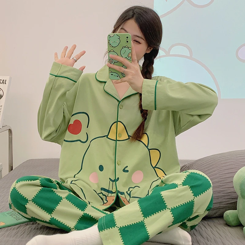 Autumn Women Pajamas Sets Clothes Cotton Long Sleeve Sweet Sleepwear Cartoon Dinosaur Print Adult Pijama Loungewear Pyjama Pour