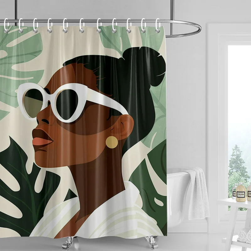 Nordic Simple Style Morandi Shower Curtain Abstract Plant Character Pattern Bathroom Bathtub Dual-Use Shower Curtain