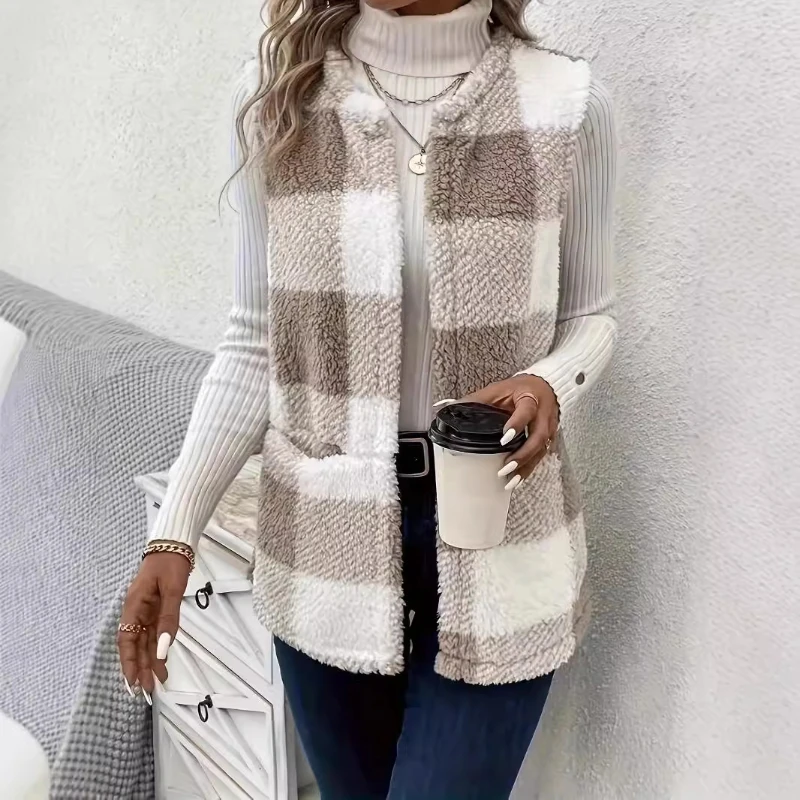 

New fashion explosive cardigan temperament lady plush grid vest