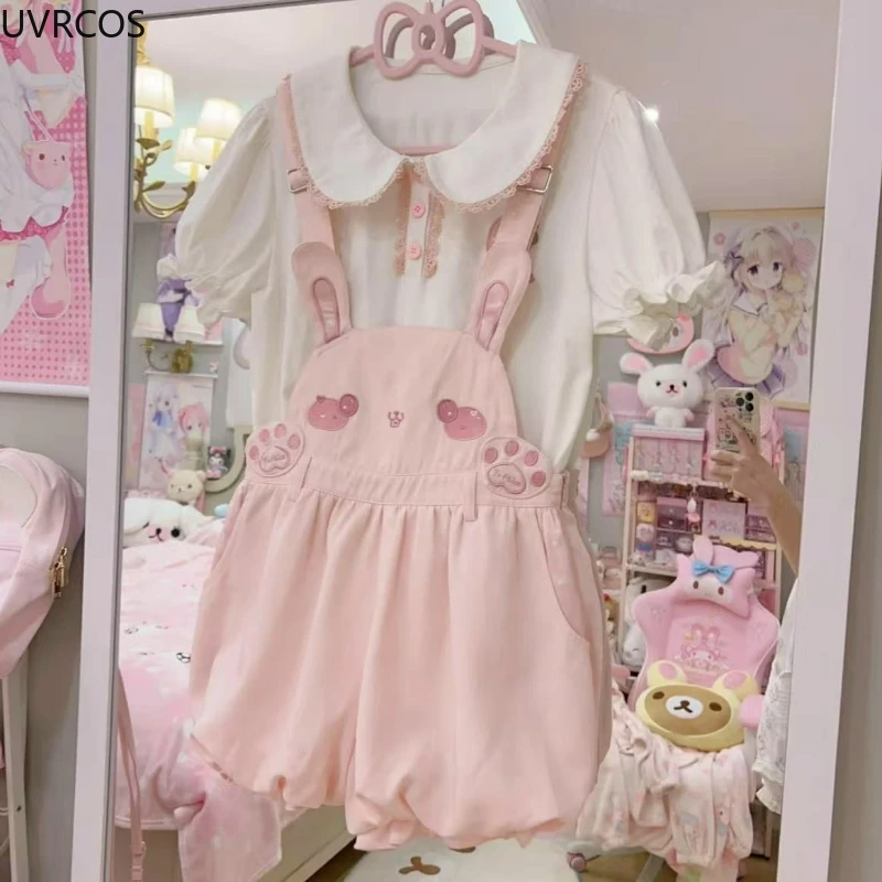 Japanese Kawaii Cute Lolita Style Shorts Set Women Sweet Strawberry Shirt Casual Overalls Bloomers Shorts Gothic Y2k Pink Outfit