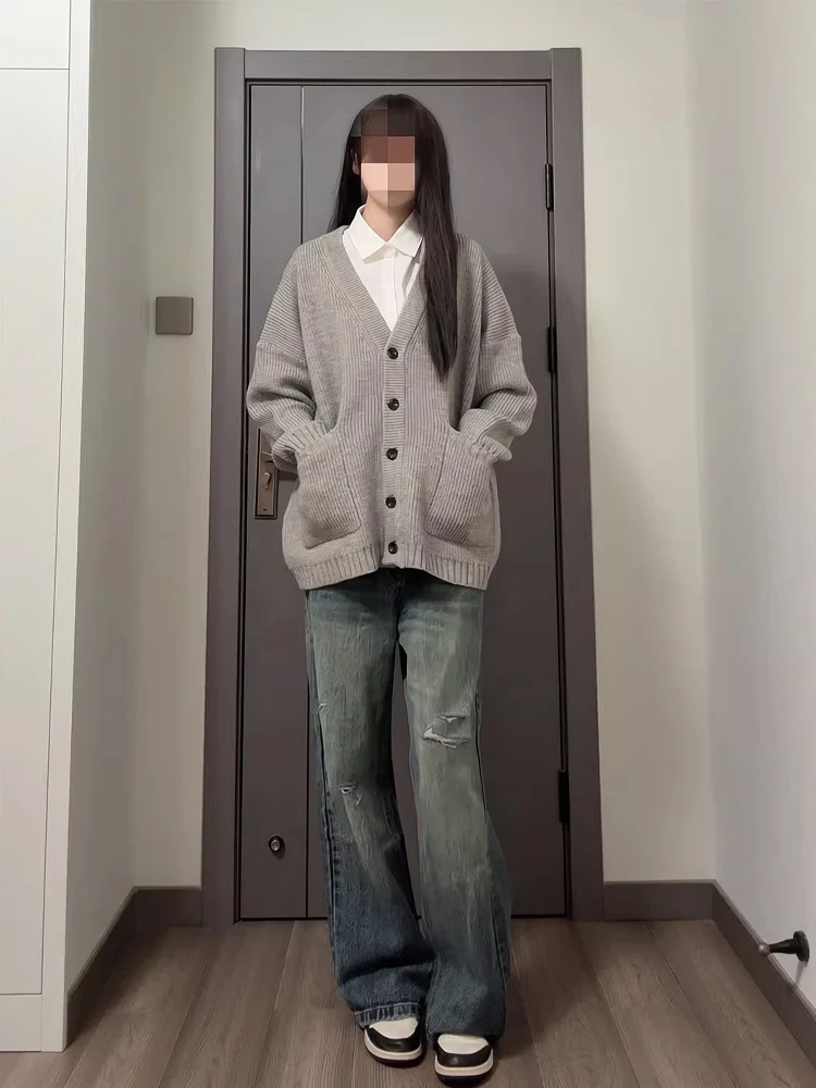 

ay Lazy Sle V-Ne Sweater Cardigan ex Autumn Cleanfit Couple College Sle Knitted irt Soft Casual Regular Fit Lon...
