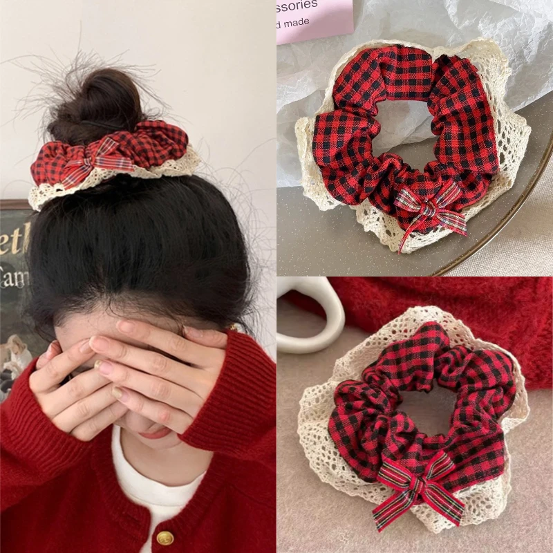 Lace Trim Plaid Scrunchies for Women Japanese and Korean Style Sweet Girls Hair Ties Fashion Hair Accessories Headwear Hairband