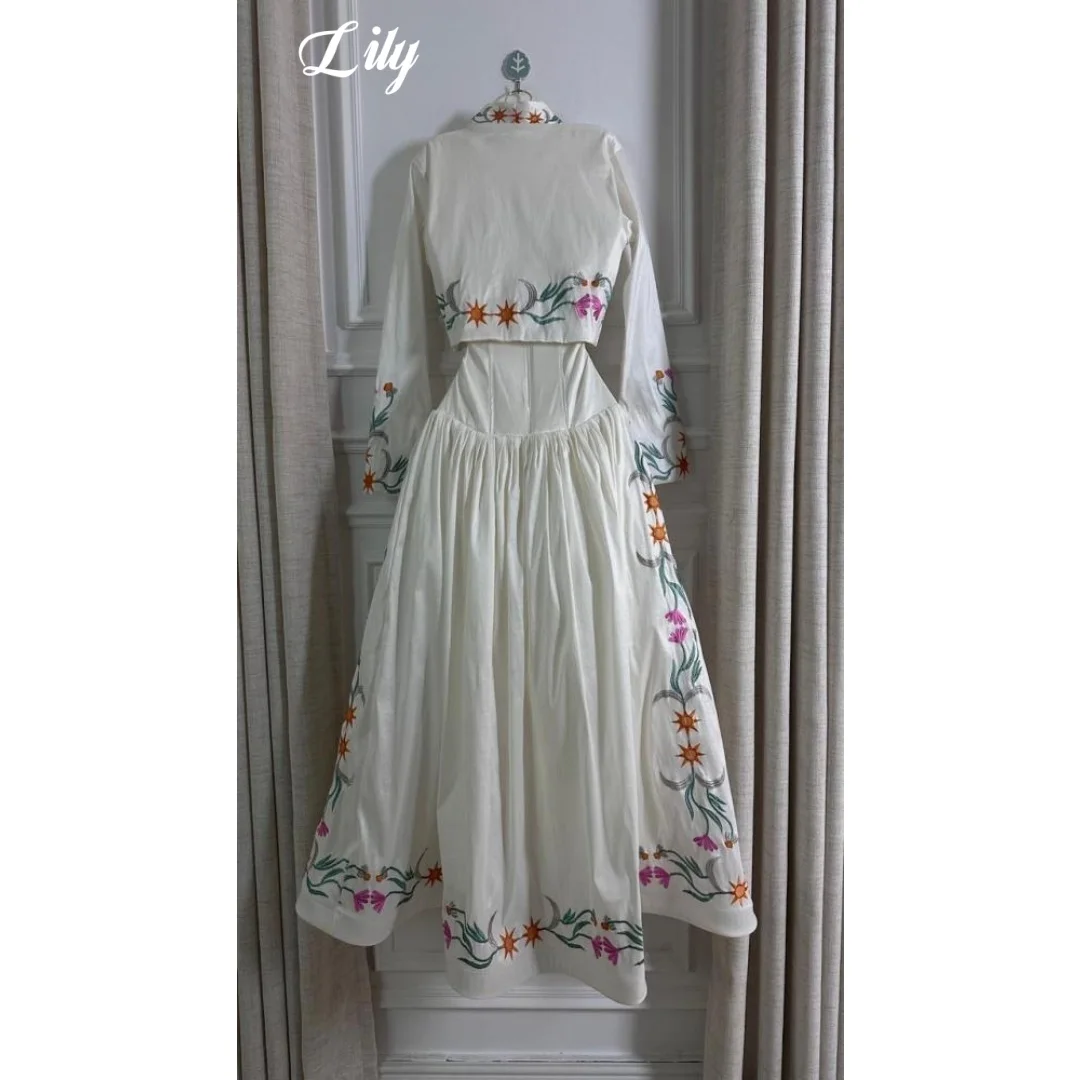 Lily White Evening Gown Strapless Flared Midi Prom Dress With Embroidered Floral Star Bolero Jacket Formal Prom Dress Customized