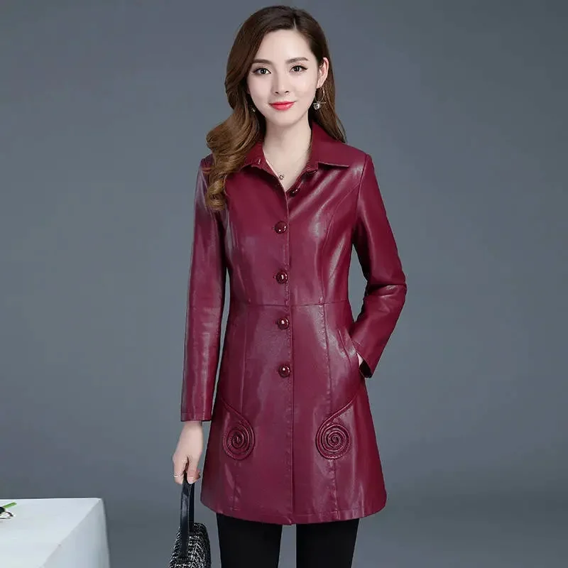 Chaqueta de cuero de longitud media para mujer, abrigo cortavientos de cuero PU, 6XL talla grande, moda de otoño e invierno, novedad de 2023