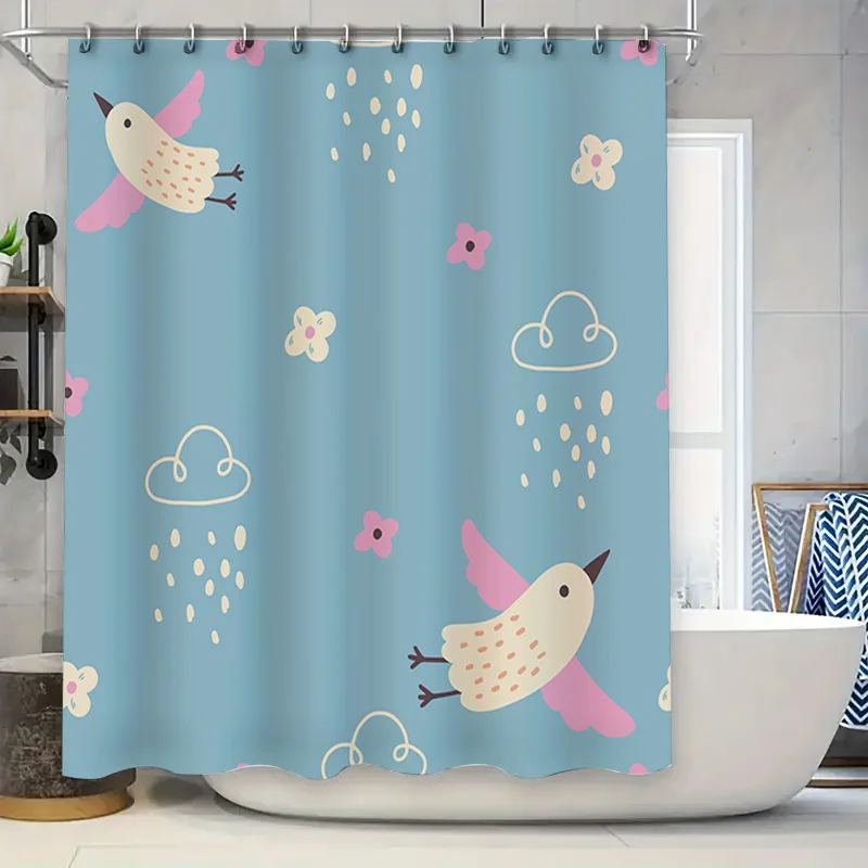 Blue Cloud Flower Print Shower Curtain for Bathroom Decor Pink Birds Raindrops Pattern Waterproof Fabric Home Decoration