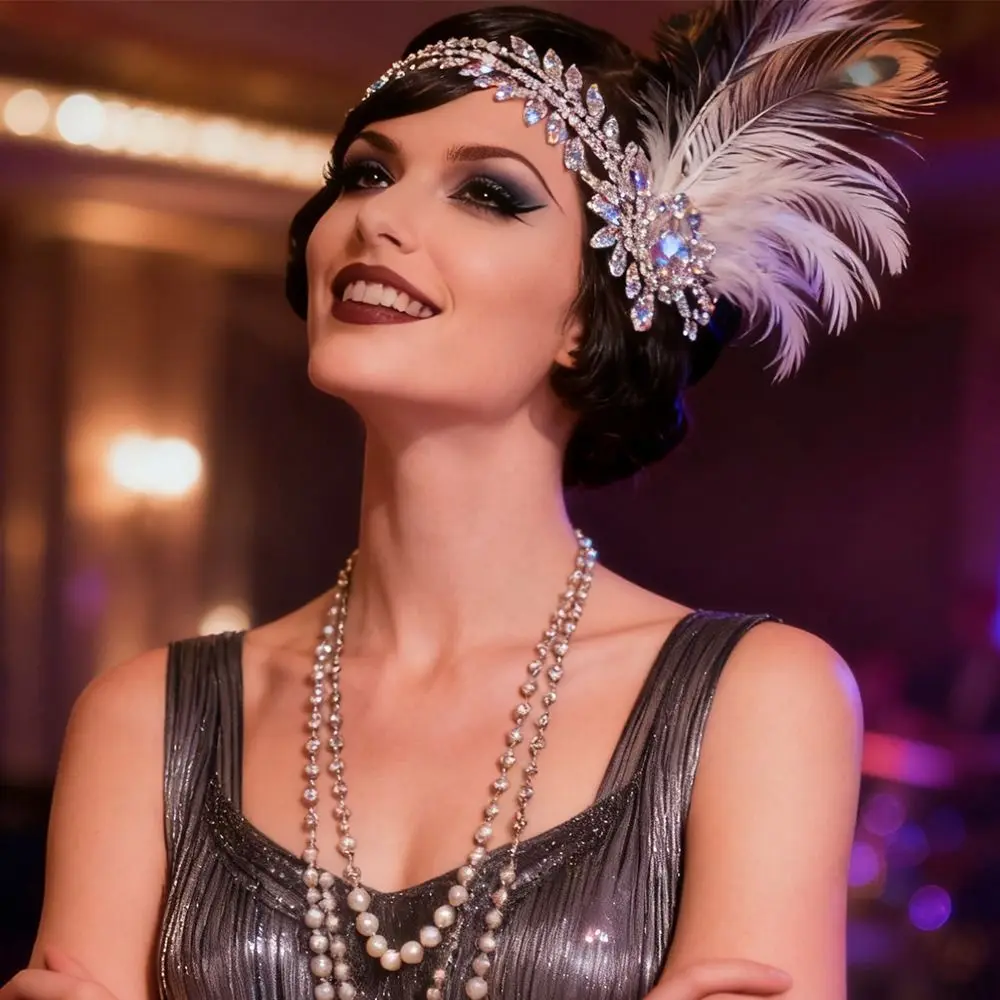 Exquisite Vintage Feather Headband Crystal Zircon Cosplay Dress Headwear Elegant Makeup Party 1920s Hair Accessories Women