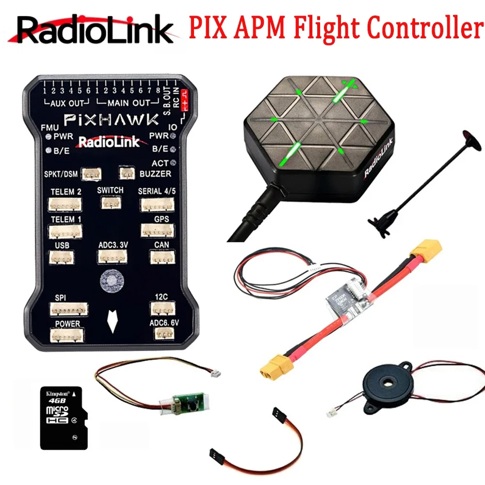 

Radiolink Pixhawk PIX APM Комбинированный контроллер полета с держателем GPS M8N GPS Зуммер 4G SD-карта Модуль телеметрии для FPV дронов