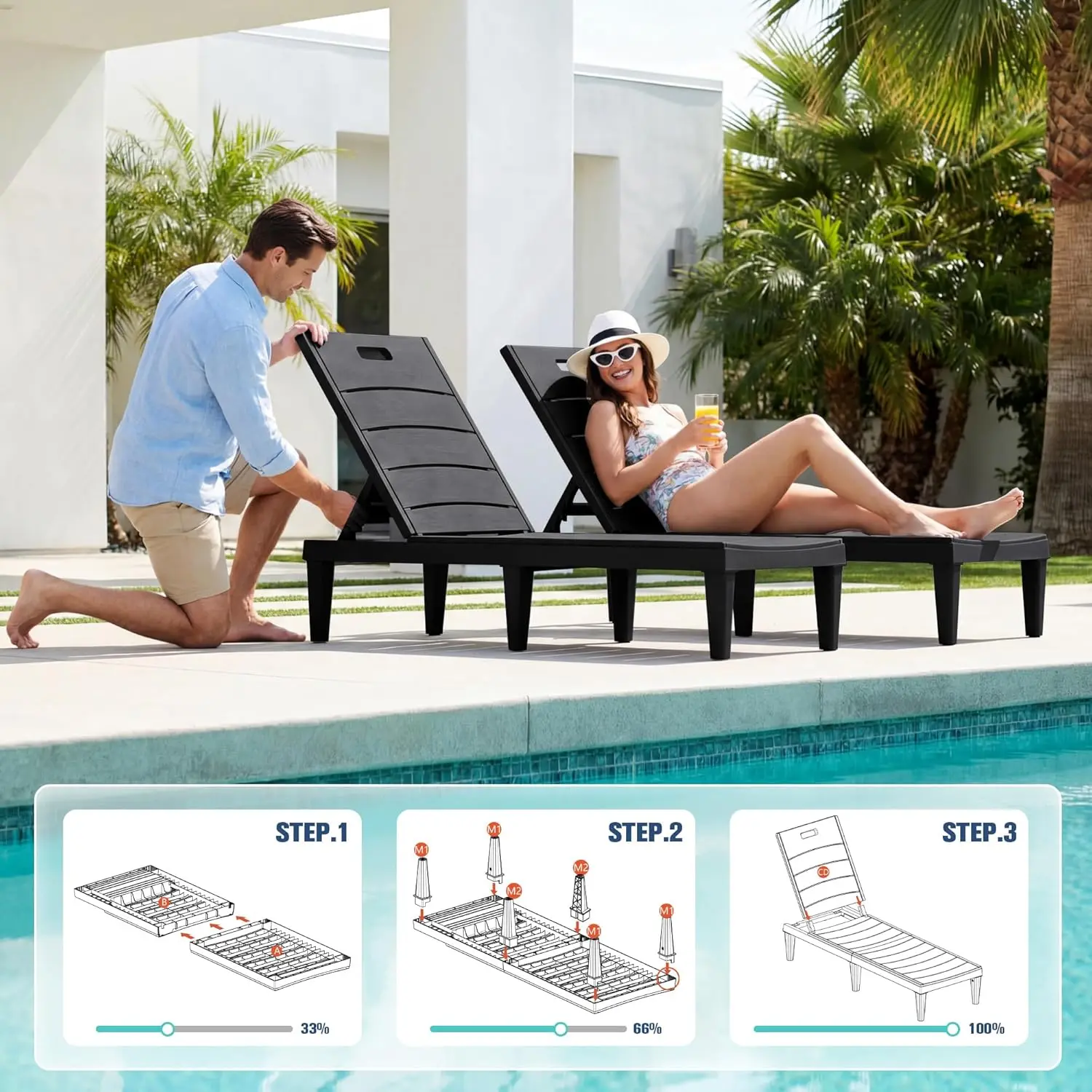 Outdoor Chaise Lounge Chair Set of 2 with 5-Position Adjustable Back, Waterproof & Lightweight for Pool Patio view 4