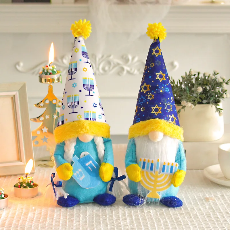 Cute Hanukkah Doll Faceless Gnome Elf Doll Creative Blue Tall Hat Rudolph Doll Ornament Home Desktop Decoration Gifts for Kids