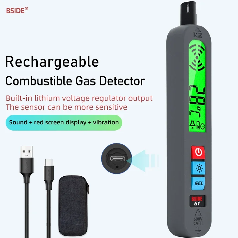 

Custom Gas Leak Detector Combustible Natural Gas Recharge Portable Sound And Light Vibration Alarm LCD Display Methane Alcohol T