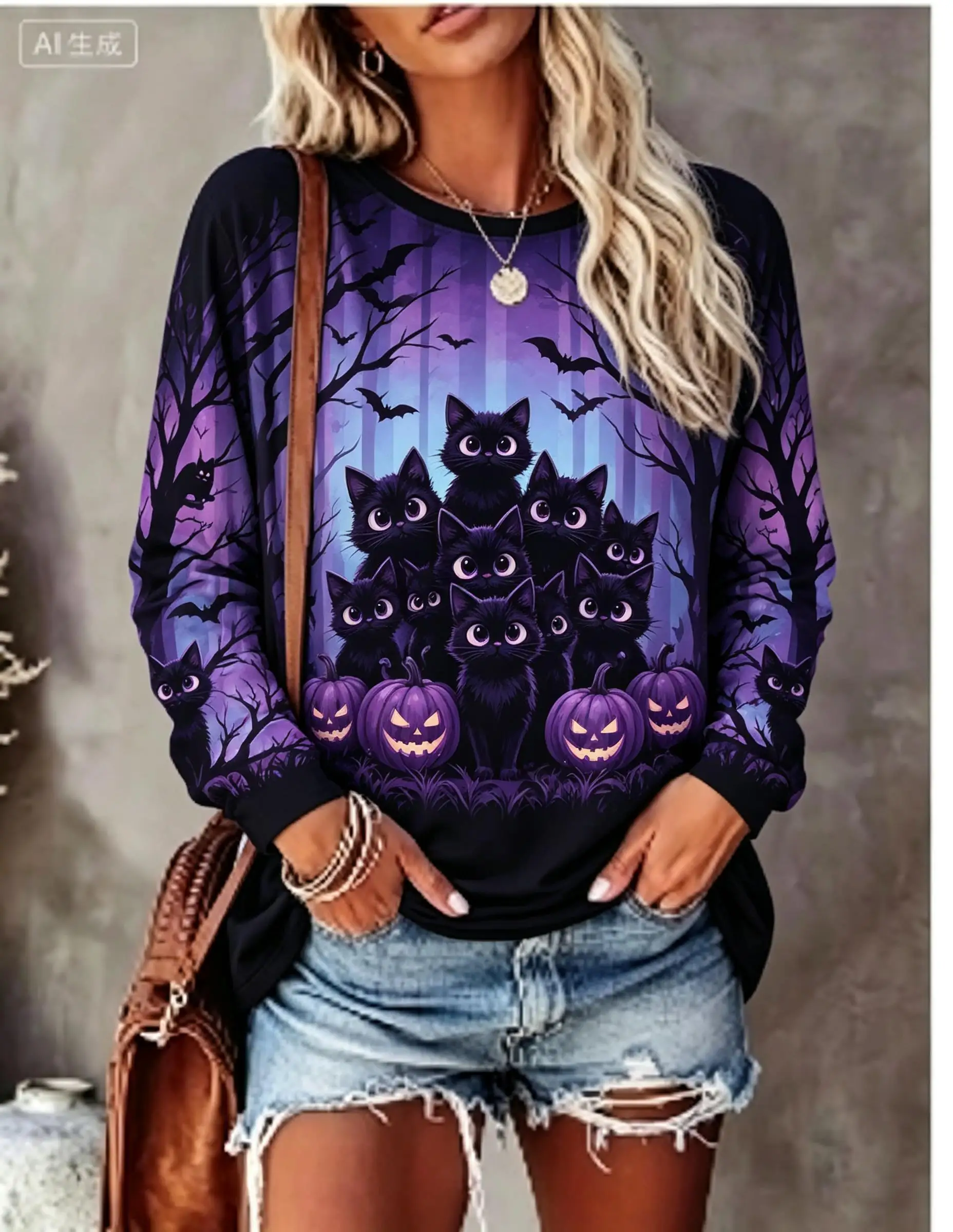 Women Halloween Long Sleeve T‑Shirt Black Cat Pumpkin Bat Forest Striped Print Crew Neck Tops