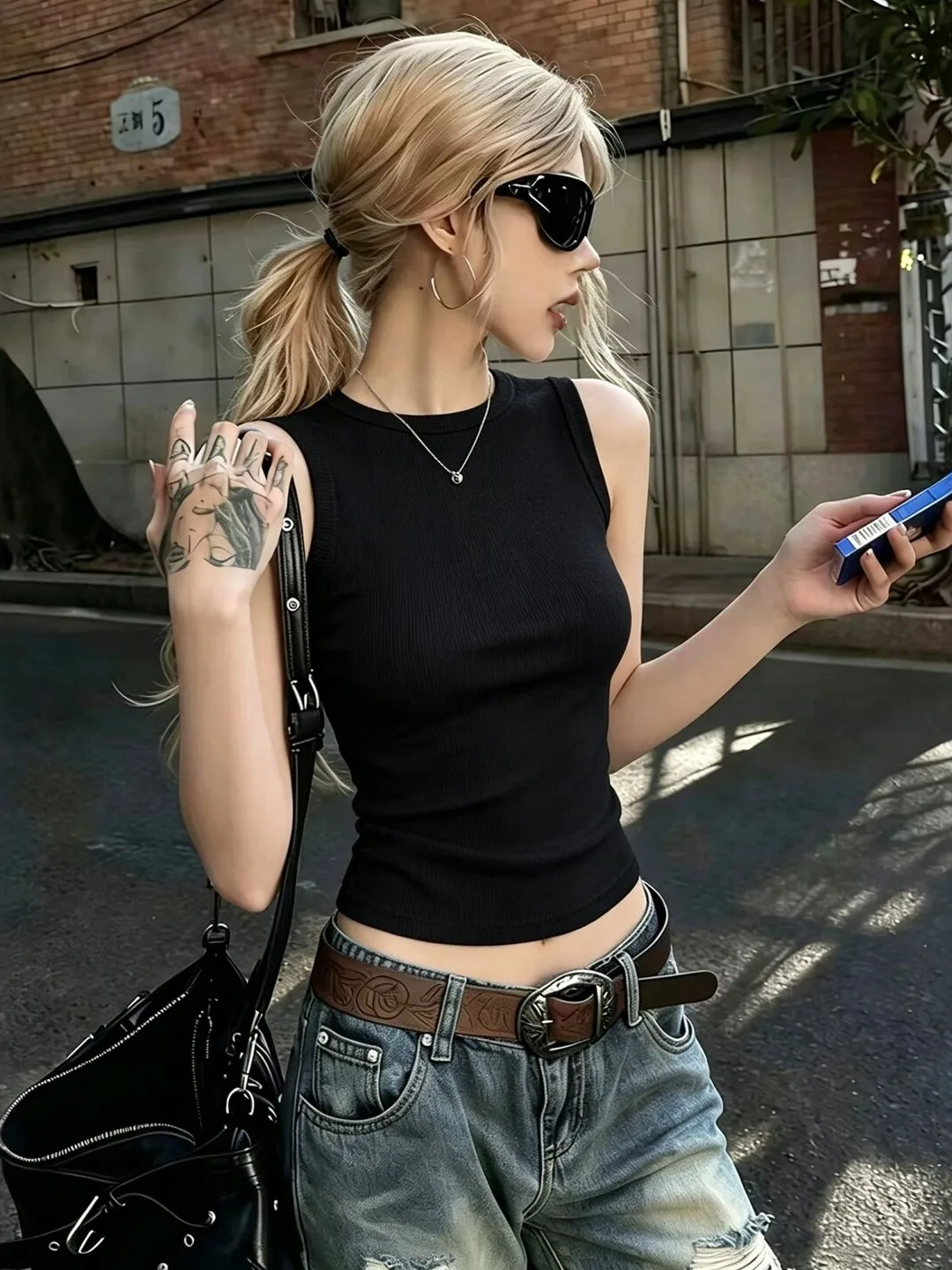 American Cool Black round Neck Sleeveless Vest Women Summer Cover Side Breast Outerwear Prevent Exposure Inner Match Base Shirt