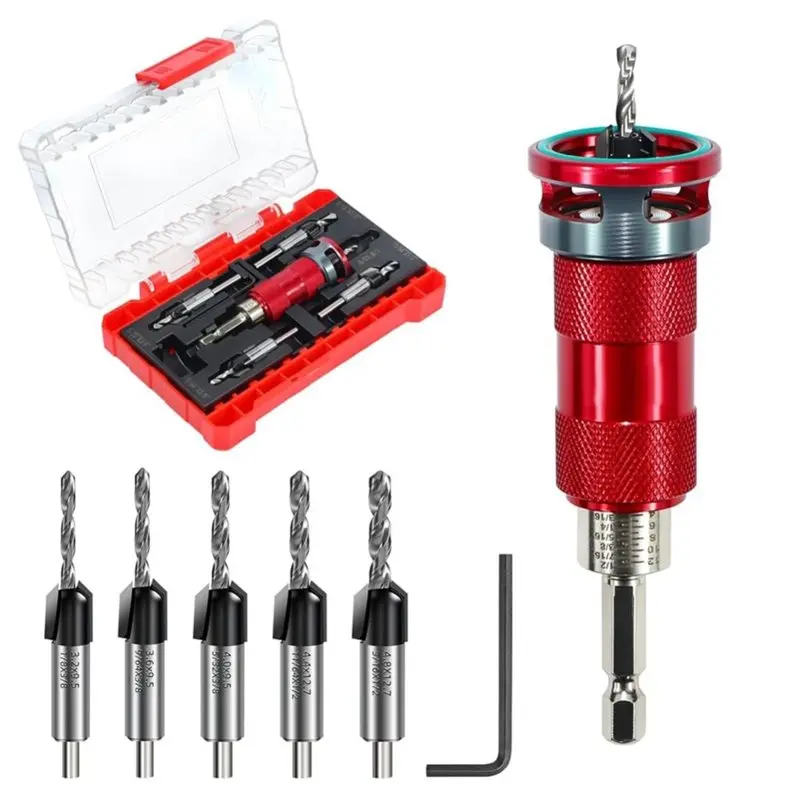 aa14-new-aluminum-stop-collar-quick-adjust-countersink-drill-bit-set-5-hss-m2-replacement-bits-included-and-a-wrench
