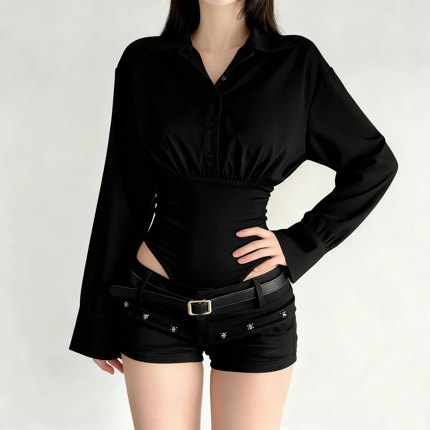 French style loose slimming POLO collar sexy simple long sleeved jumpsuit for women