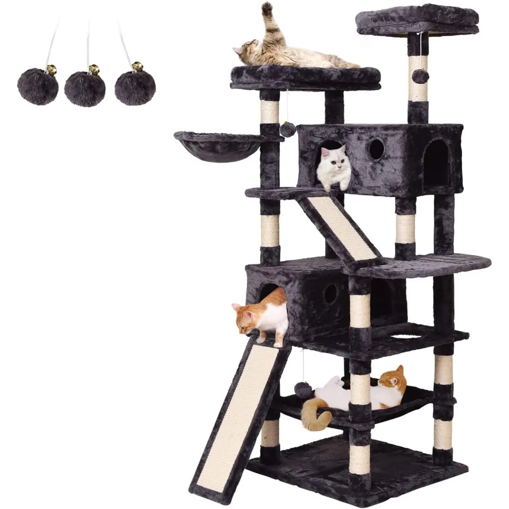 

Cat Tree Cat Tower 70.1 in, Multi Level Cat Scratching Post with Condos, Ladders, Hammock & Plush Perches for Cats, Smoky Gray