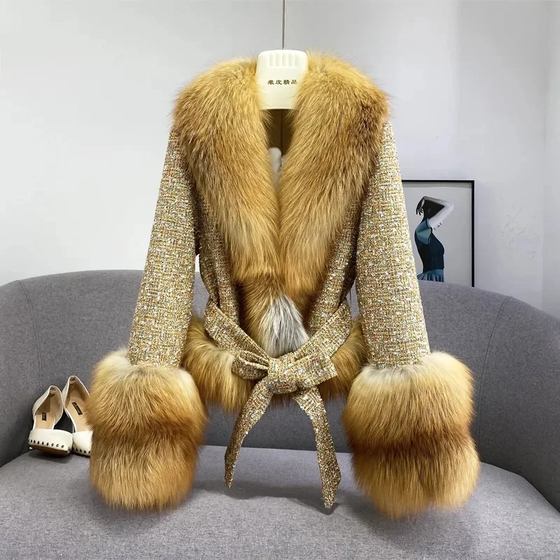 Female Winter ThickCotton Thin Short Woolen Jacket Women New Slim Imported Whole Skin Red Fox Fur Collar Imitation Fur Coat C24