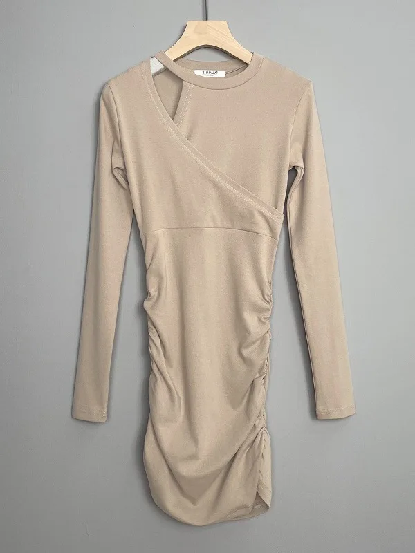 Robe courte évidée à col rond pour femme, manches longues, taille cintrée, monochromatique, version coréenne, nouveaux olympiques, automne et hiver