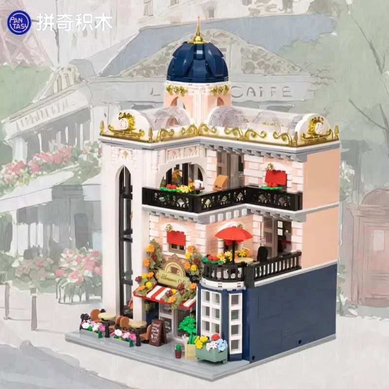 Pantasy Flower Coffee House Blocchi di costruzione assemblati Scena di strada Kawaii Modello giocattolo di grandi dimensioni Ornamento da tavolo Regalo di festa per bambini