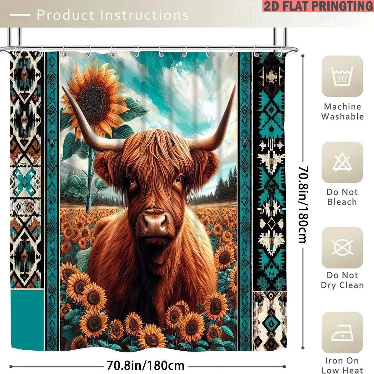 1pc/4pcs Shower Curtain and Bath Mat Set with Print Pattern Highland Cow Sunflower Field Pattern Print Non-Slip Bathroom Decor