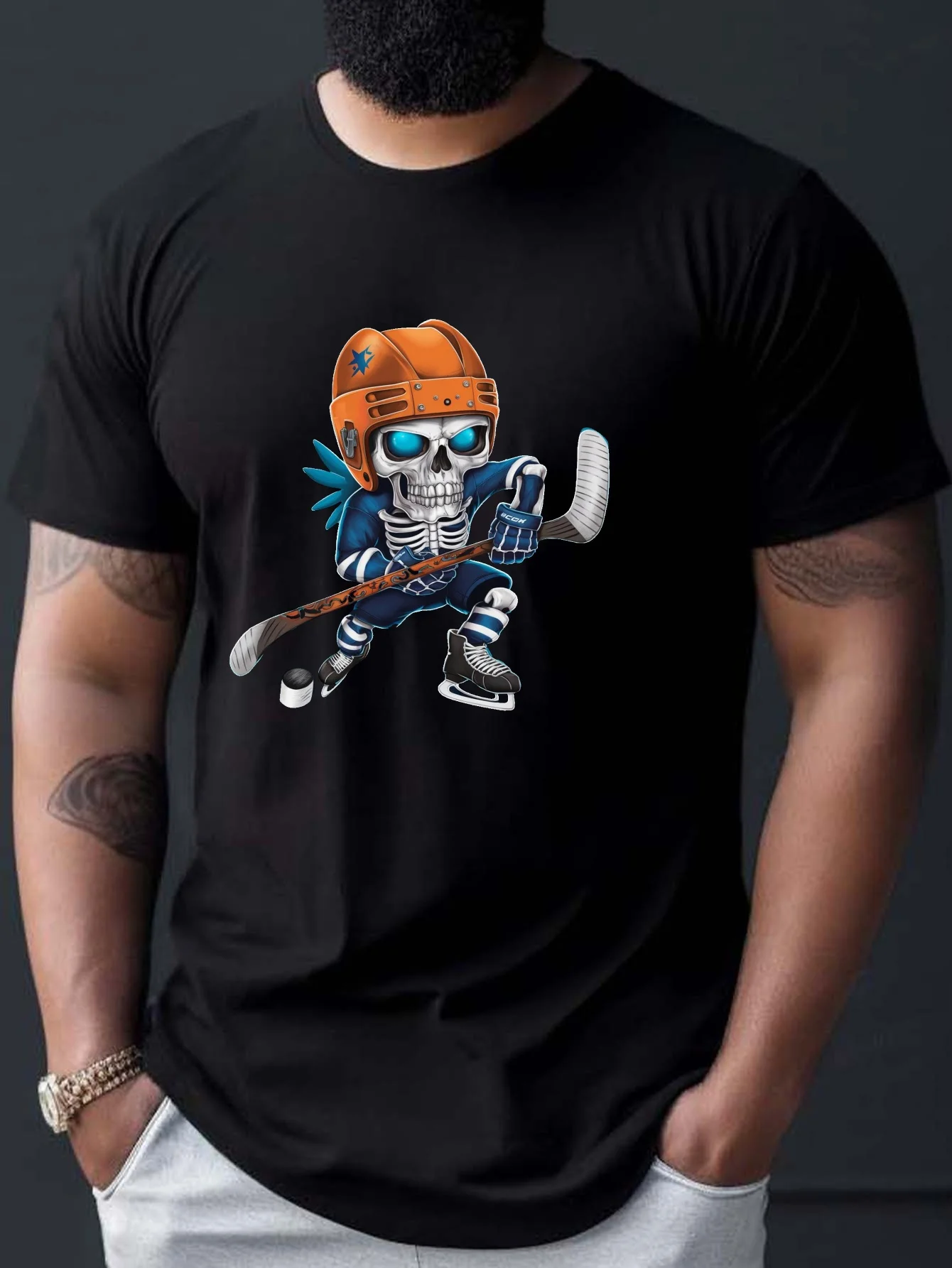 Cool Skeleton Ice Hockey Graphic T Shirt For Men Skull Hockey Player Crew Neck Tee Ice Sport Theme Casual Male Daily Outfit Tops