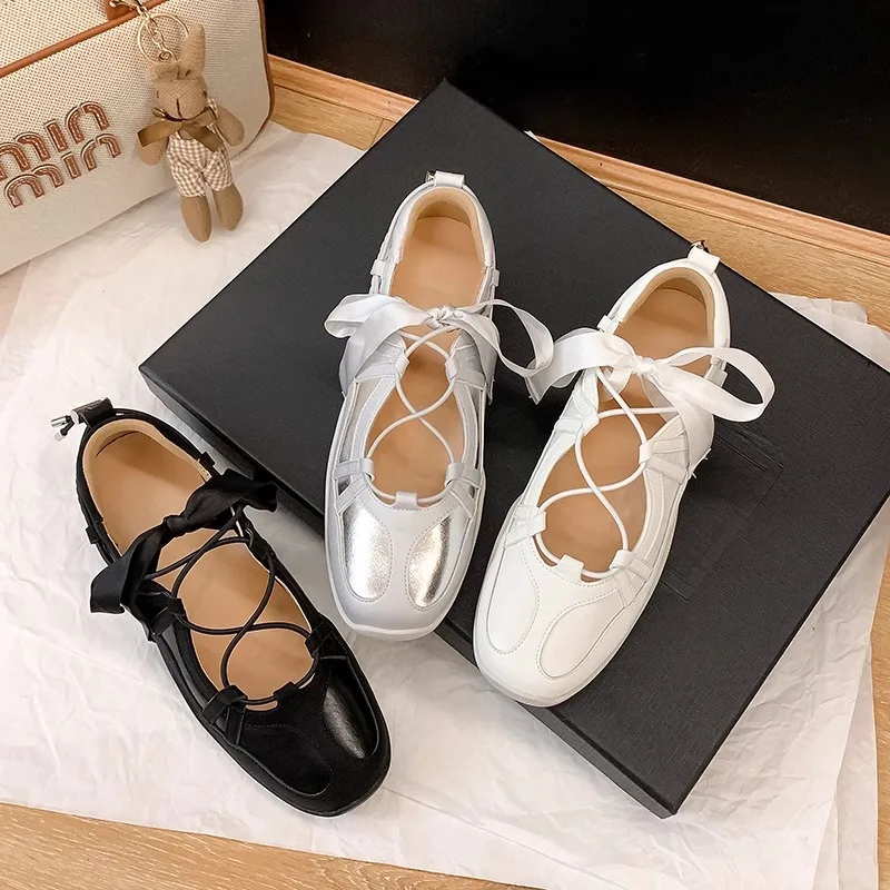 

Ballet Shoes Women Ribbon Lace-Up Cross Strap Zapatos Para Flat Soft Sole Square Toe Sapatos Femimino Drawstring Tacones Leisure