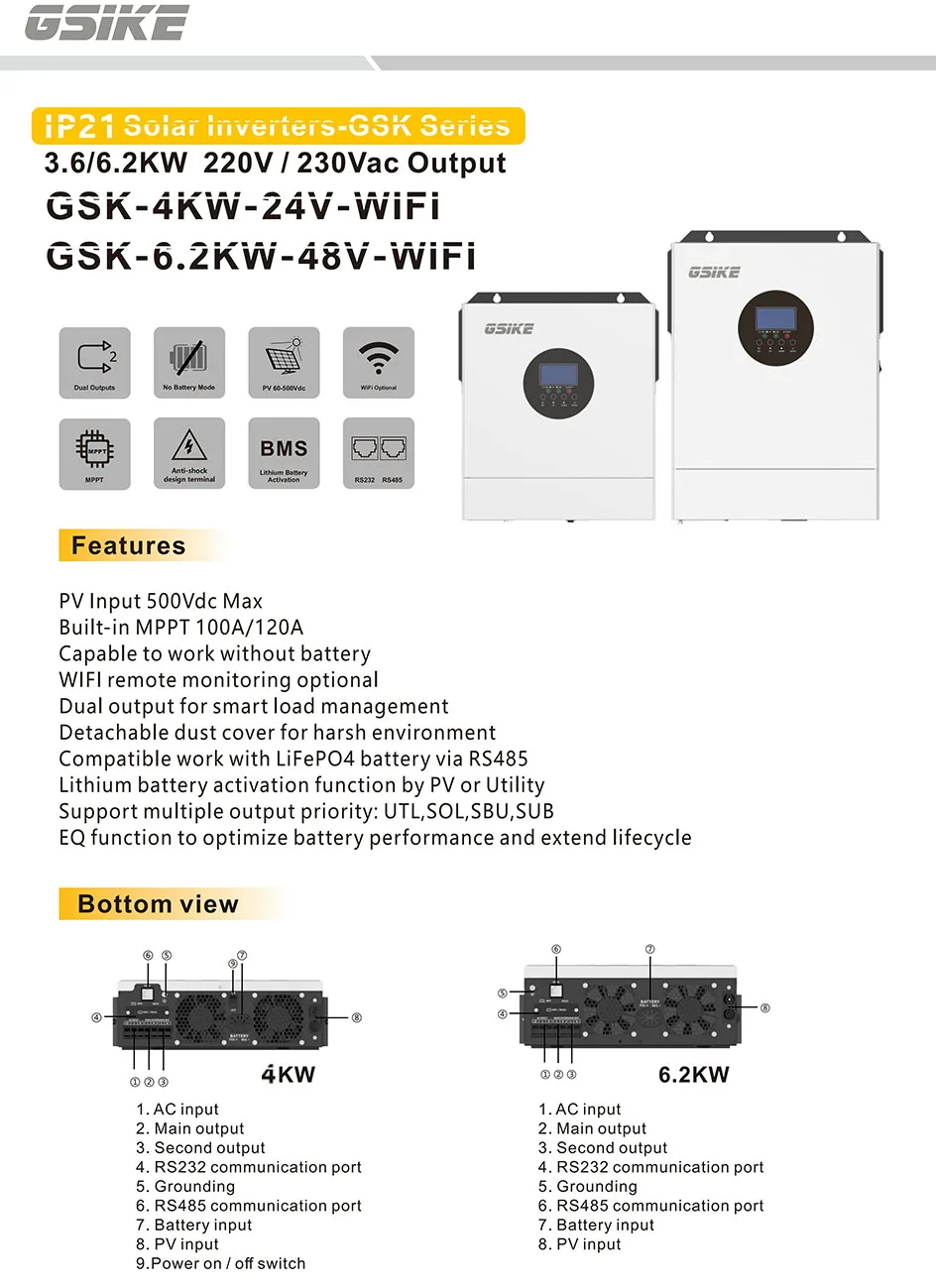 GSIKE 3,5 kW 24 V 2,5 kW 12 V Hybrid-Solarwechselrichter mit Dual-MPPT, reiner Sinuswelle, Solar-WLAN-Controller, Farb-LCD-Display, 100-60 A PV-Ladegerät – Detail 1