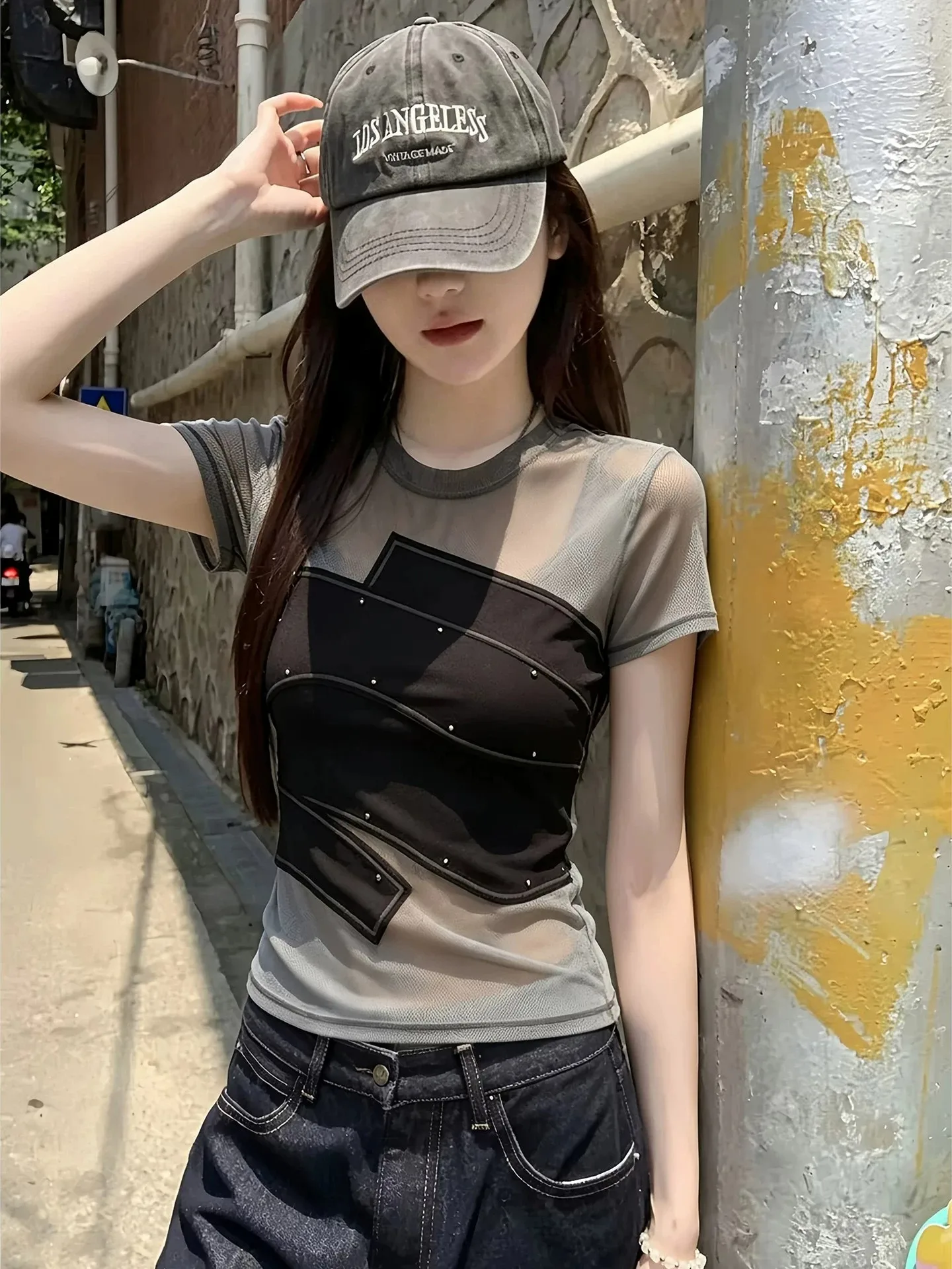 Slim Fit Short Sleeve T-Shirt Women's Mesh Splice Design Summer Casual Breathable High Waist Fashion Top Brand Buckle Euro Goods