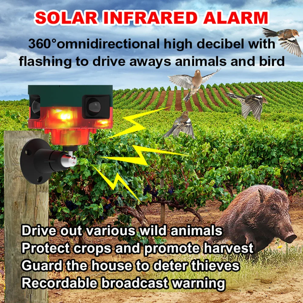 Solar Bird Repeller with Flashing Light 1200mAh Beast Repeller Wireless Remote Control Recordable IP55 for Wild Boar Rabbit Deer