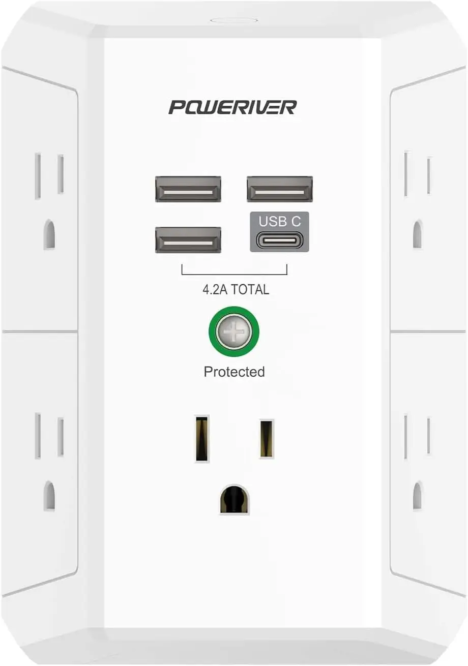 

Зарядное устройство с 4 USB-портами и защитой от перенапряжения, 5 розеток переменного тока для дома и офиса, сертифицировано ETL, белое