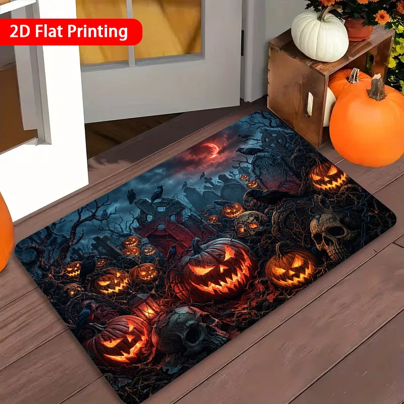 1pc 2D Flat Halloween Pumpkin Skull Indoor Entryway Area Rug, Non‑Slip Machine‑Washable Easy‑Clean Polyester Decor Floor Mat