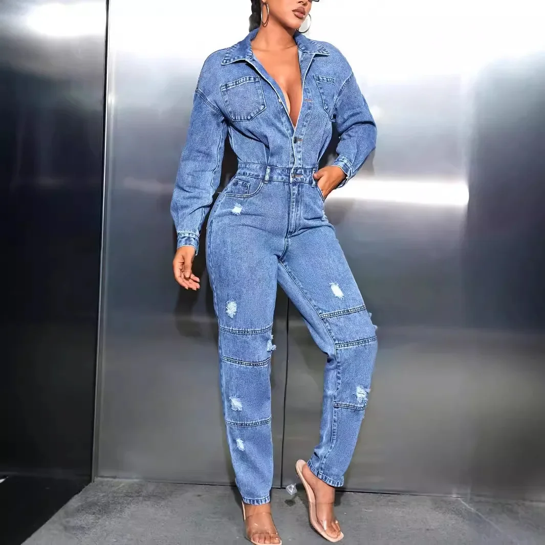 

Ripped Denim Washed Overalls Distressed Hole Ankle Length Pants Loose Fit One Piece Mid Waist Pockets Spliced Casual 2025