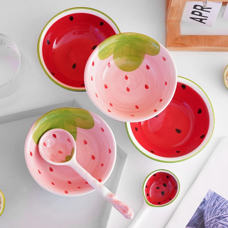 Lovely Strawberry Watermelon Shaped Bowl Spoon Ceramic Cereal Spoons Ramen Soup Spoons Fruit Pattern Serving Bowl Spoon