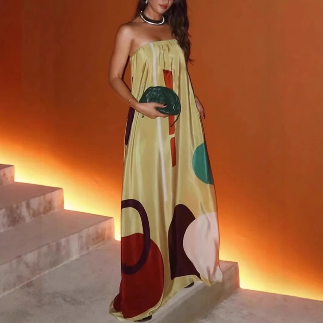 

Summer Fashion Print Loose Long Dress Women Elegant Off Shoulder Sleeveless Strapless Maxi Dresses Bohemian Beach Party Vestidos